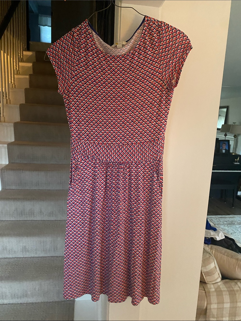 Boden Cap-Sleeve Midi Dress in Red and Blue Geo Print